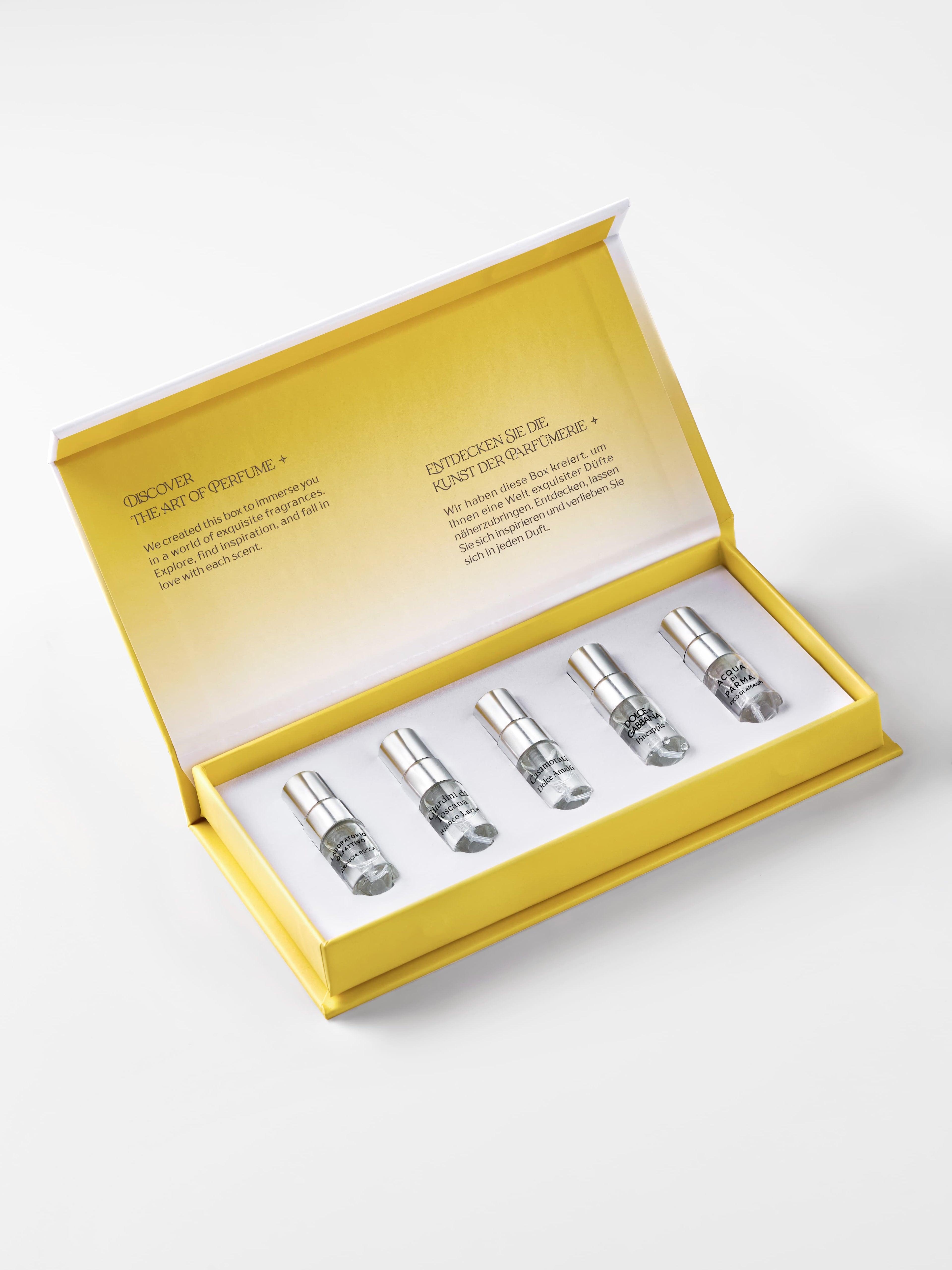 Bella Italia sample box — open box angled view with five 2 ml spray vials