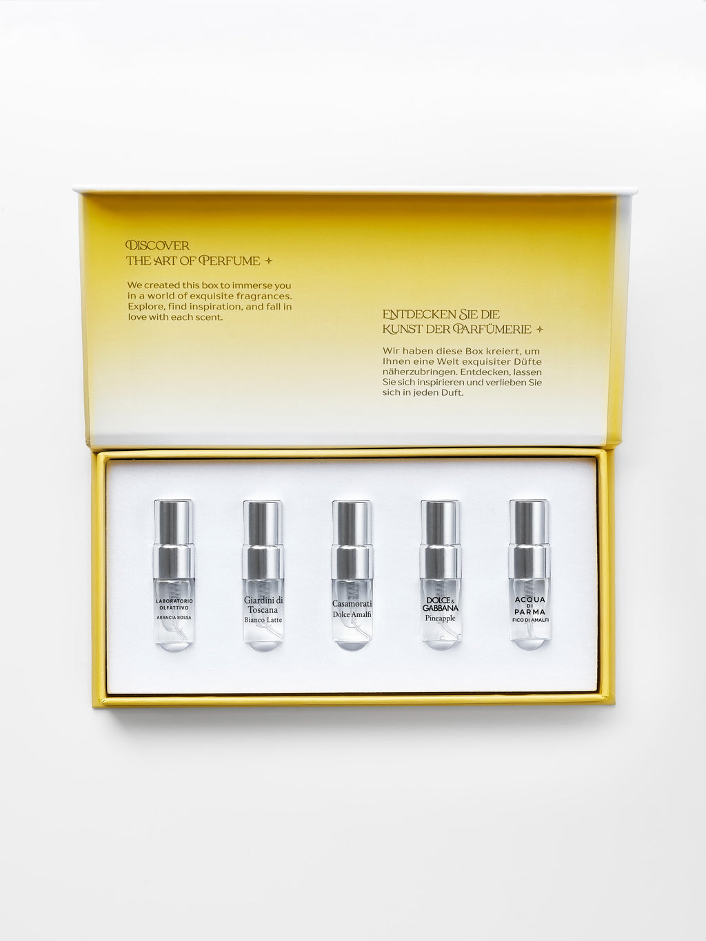Bella Italia Discovery Box — top view of open box with 5×2 ml fragrance testers
