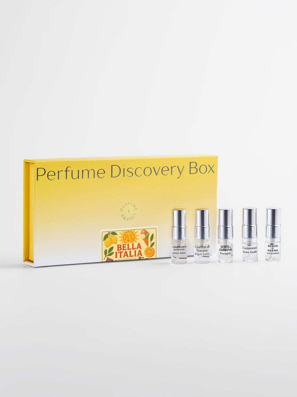 Bella Italia Perfume Discovery Box — box with five 2 ml spray testers on white background
