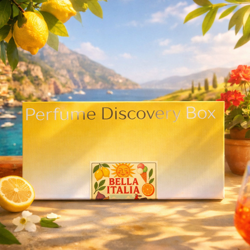 Bella Italia Perfume Discovery Box — Italian fragrance sample set, box in Amalfi coast lifestyle scene