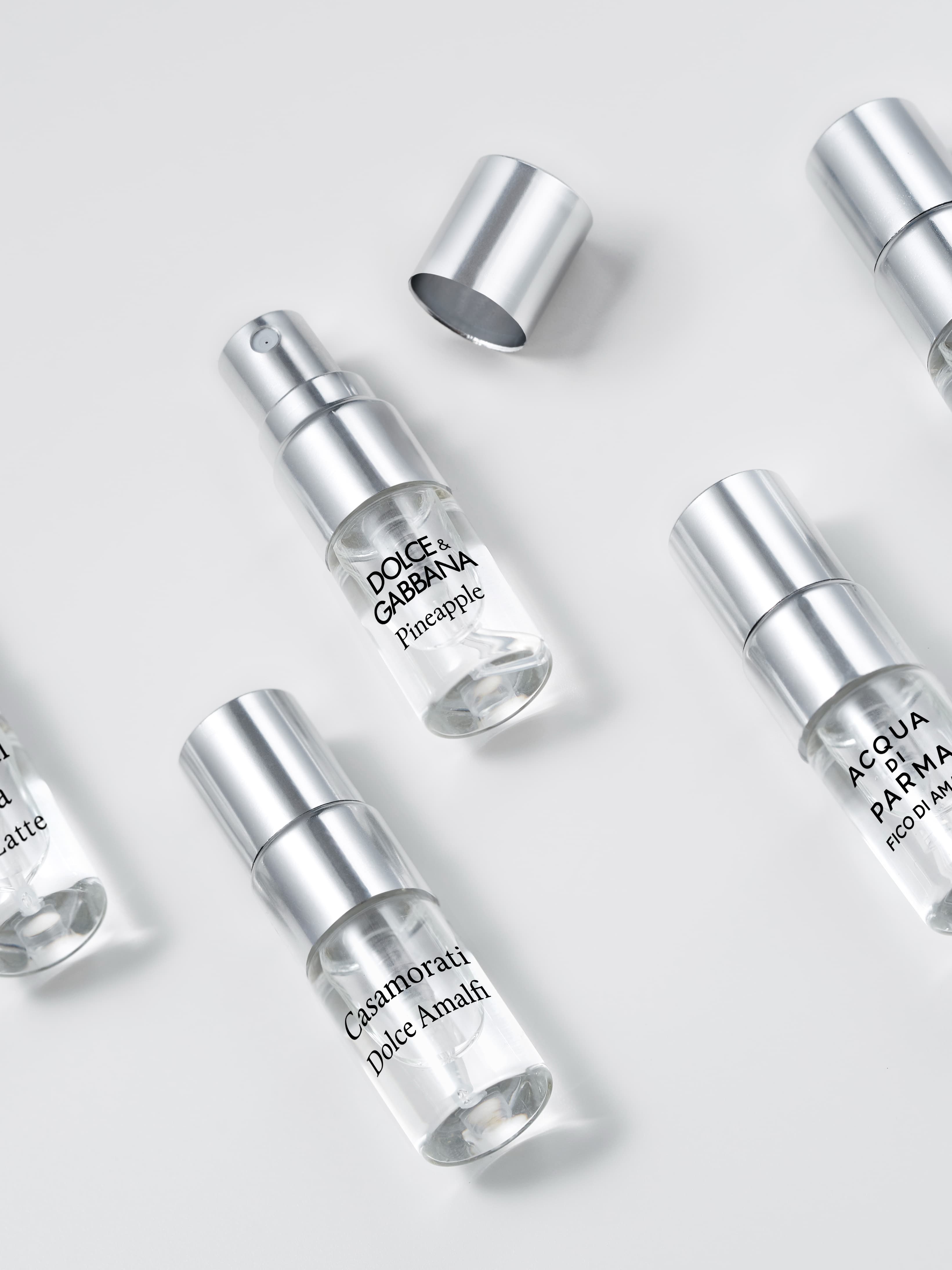Bella Italia fragrance testers — close-up of 2 ml spray sample vials on white background