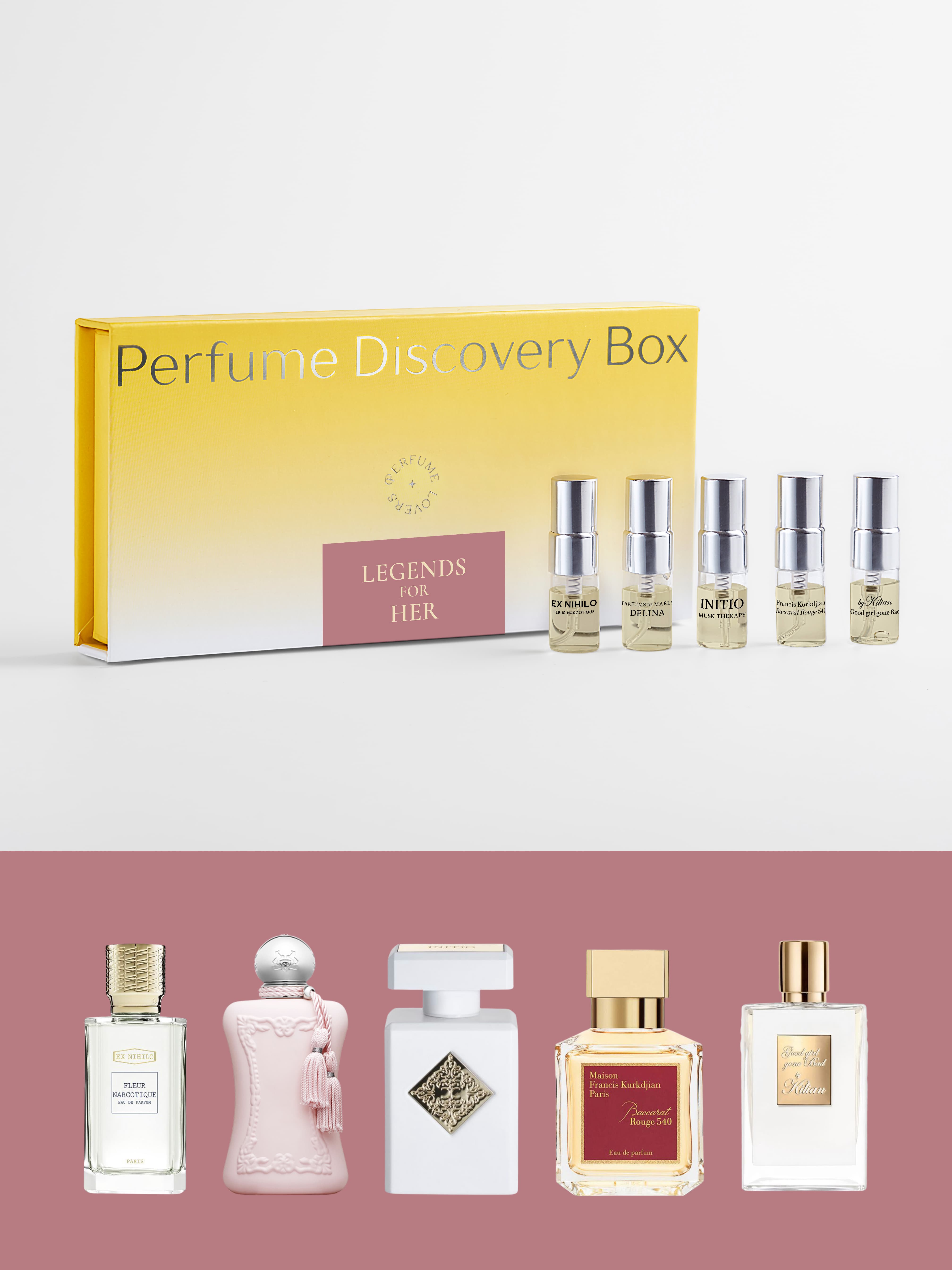 Legends for Her Perfume Discovery Box — box with five 2 ml spray testers on white background Main image