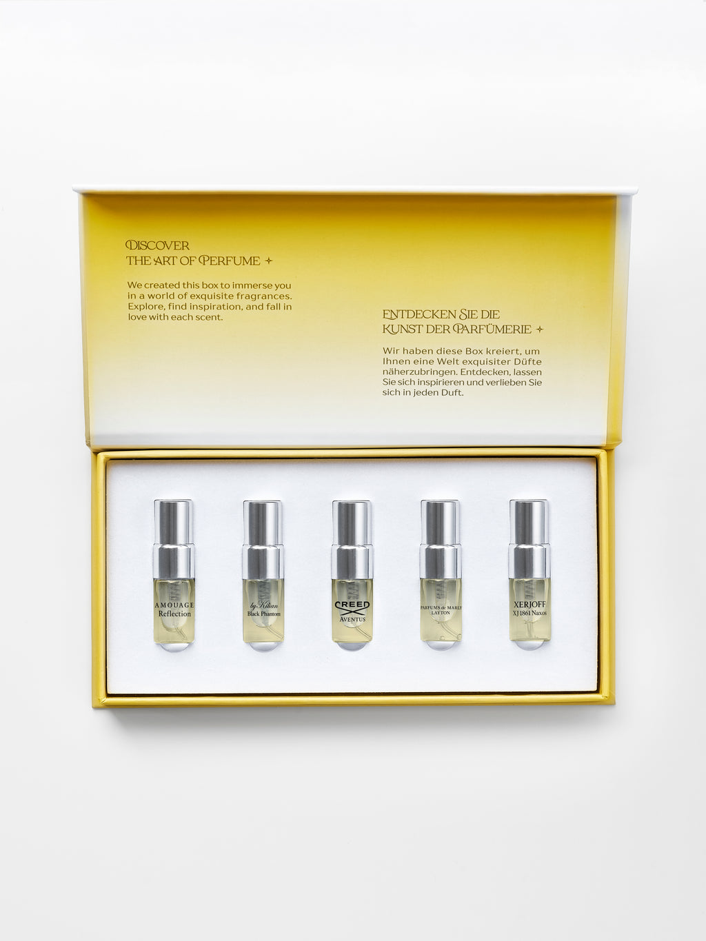 Legends for Him Discovery Box — open box with 5 spray vials (2 ml testers) arranged inside