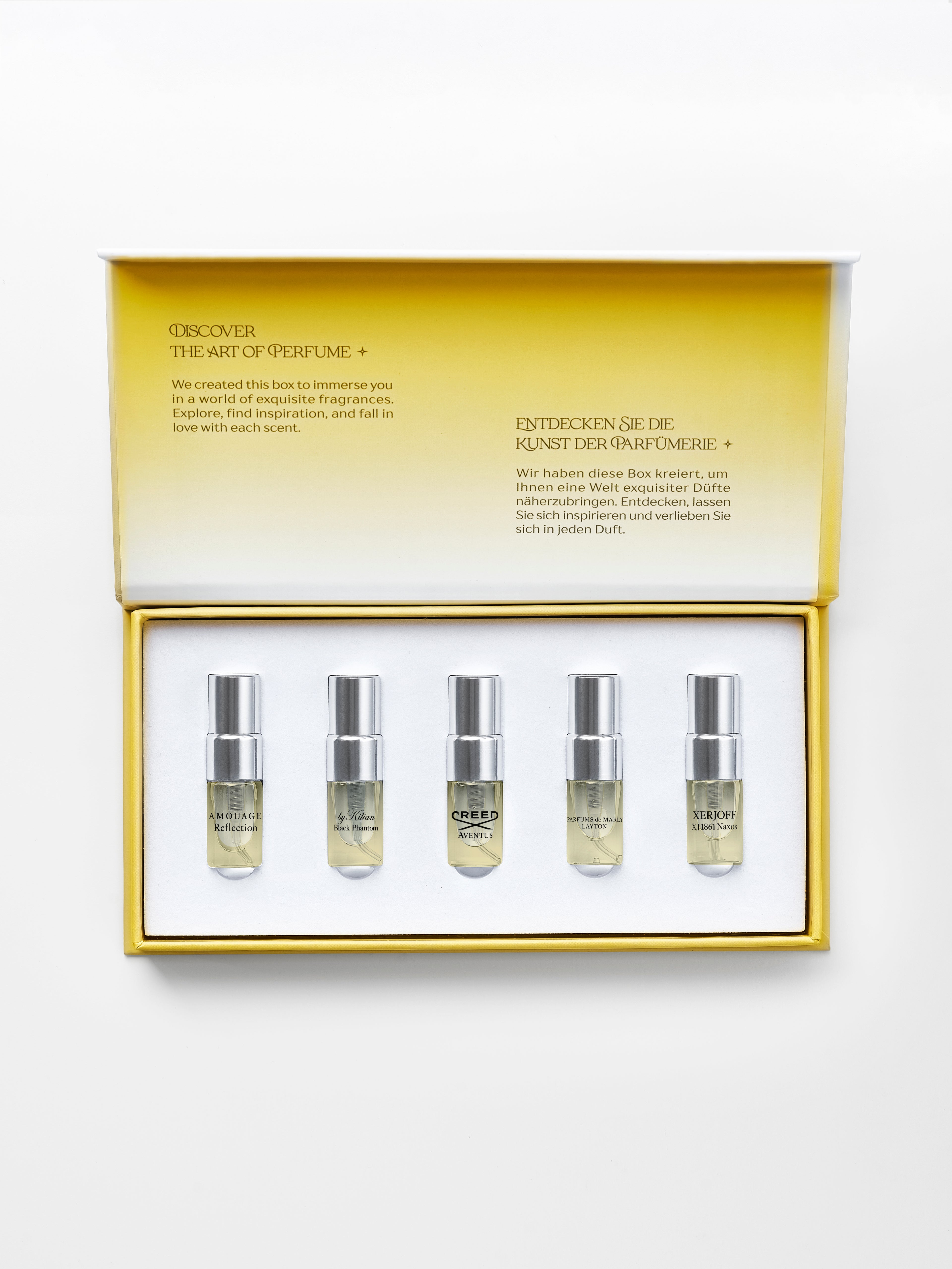 Legends for Him Discovery Box — open box with 5 spray vials (2 ml testers) arranged inside
