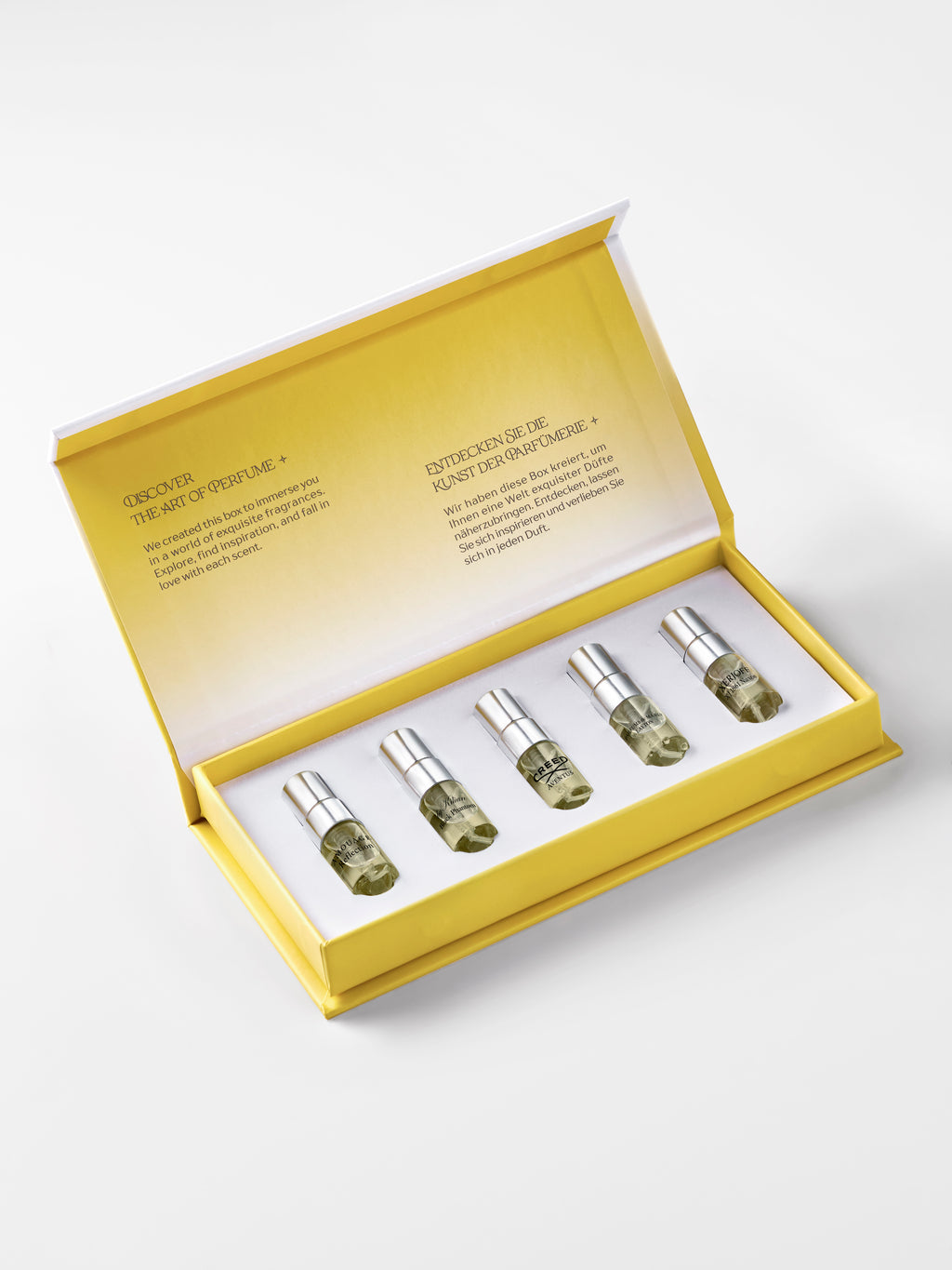 Open Legends for Him sample box — angled view showing five 2 ml fragrance testers